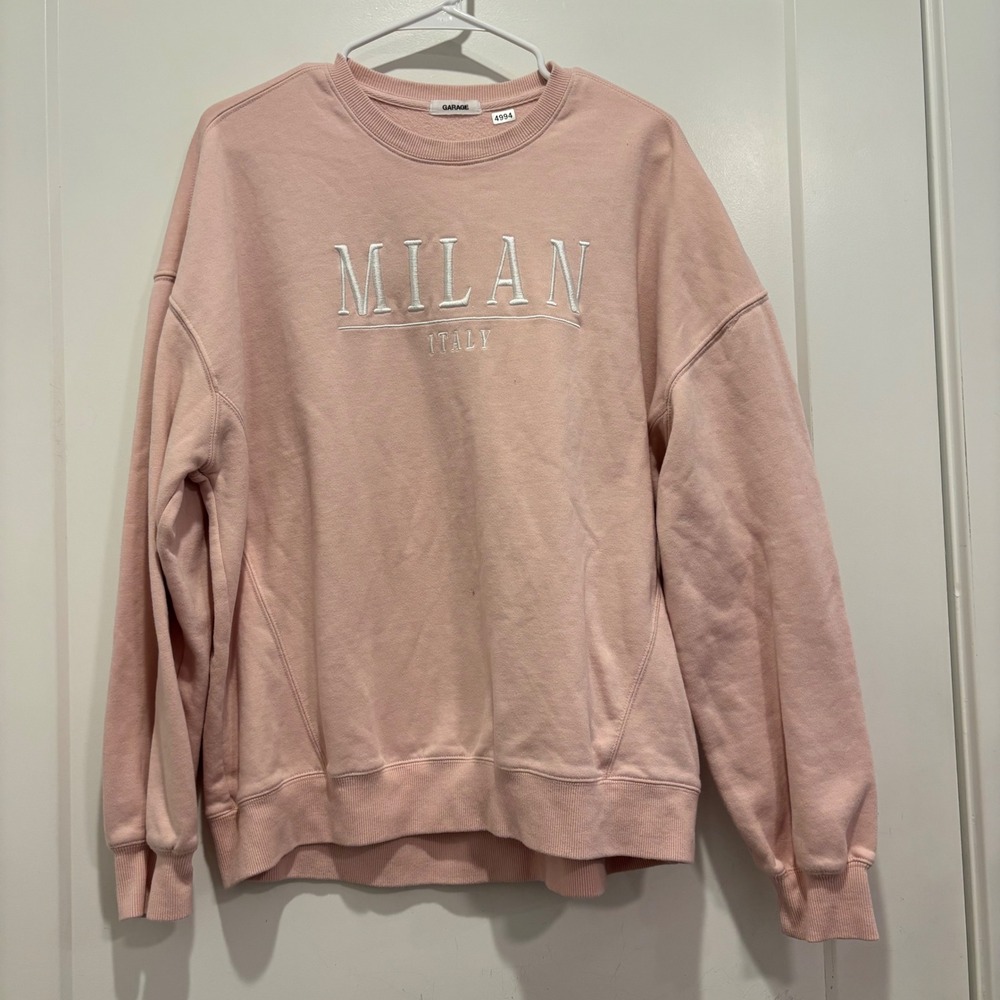 Garage Milan Italy Embroidered Sweatshirt Pink Crew Neck Pullover Medium